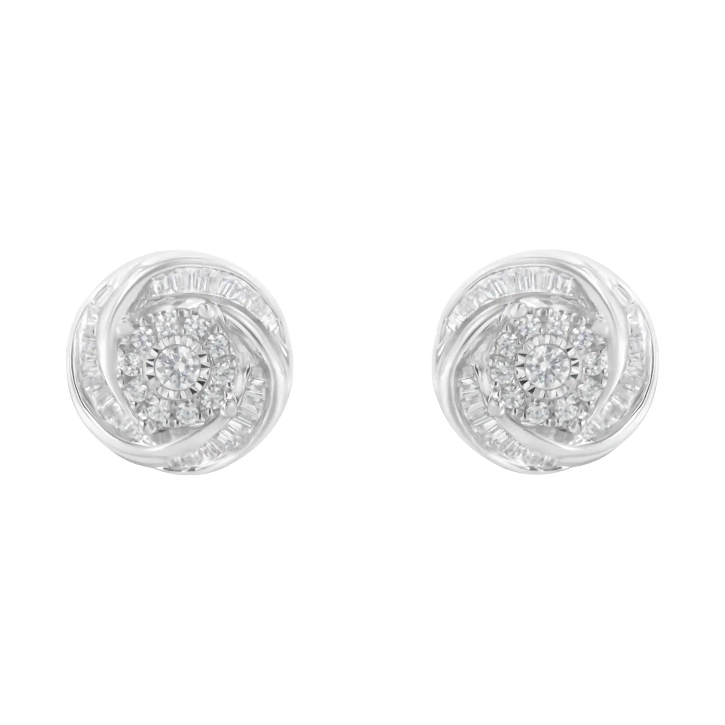 .925 Sterling Silver 3/4 Cttw Round and Baguette-Cut Diamond Love Knot Stud Earring (I-J Color, I2-I3 Clarity) - Elegant Emulations