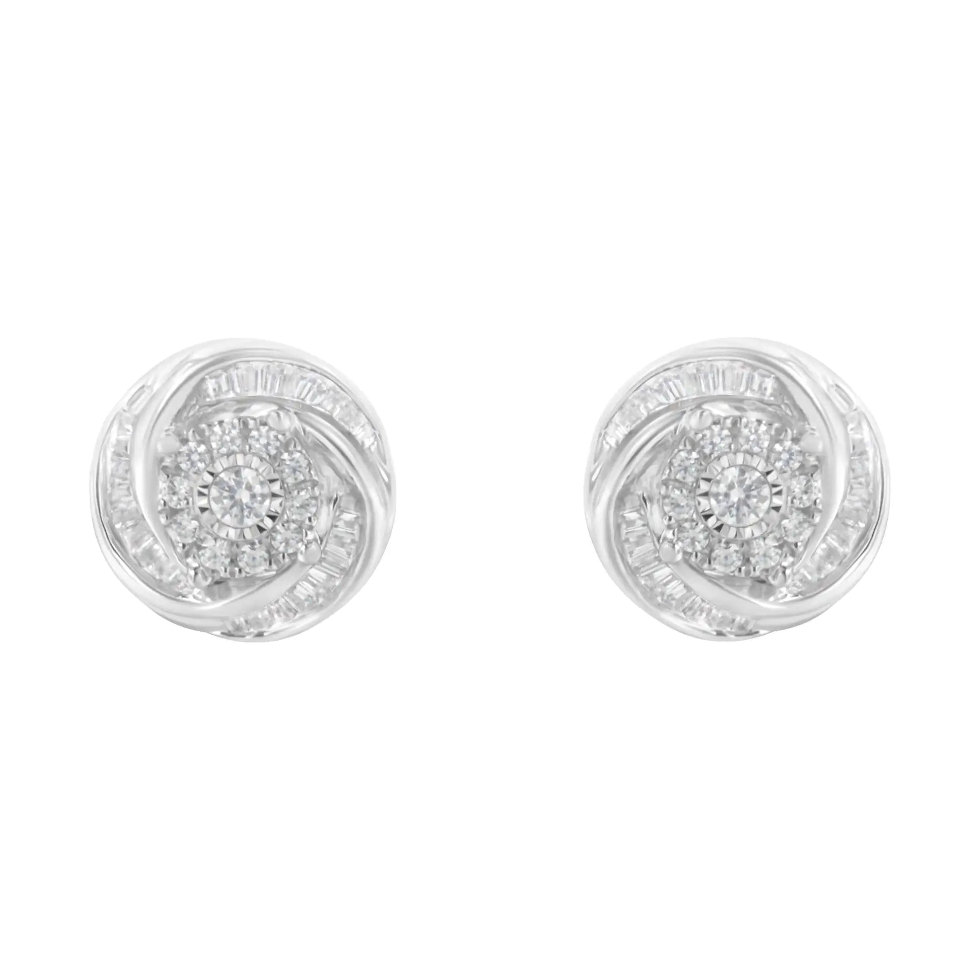 .925 Sterling Silver 3/4 Cttw Round and Baguette-Cut Diamond Love Knot Stud Earring (I-J Color, I2-I3 Clarity) - Elegant Emulations