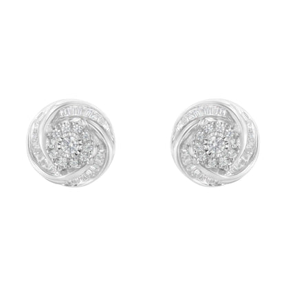 .925 Sterling Silver 3/4 Cttw Round and Baguette-Cut Diamond Love Knot Stud Earring (I-J Color, I2-I3 Clarity) - Elegant Emulations