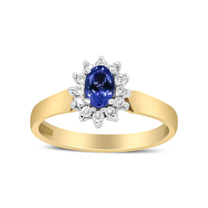 14K Yellow Gold 1/5 Cttw Round Diamond and 6x4mm Oval Blue Tanzanite Halo Ring (H-I Color, I1-I2 Clarity) - Elegant Emulations