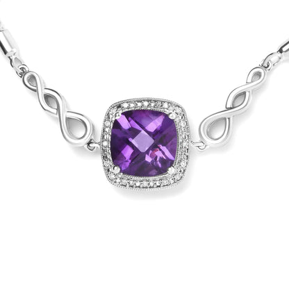 .925 Silver Amethyst Cushion & Diamond Bolo Bracelet