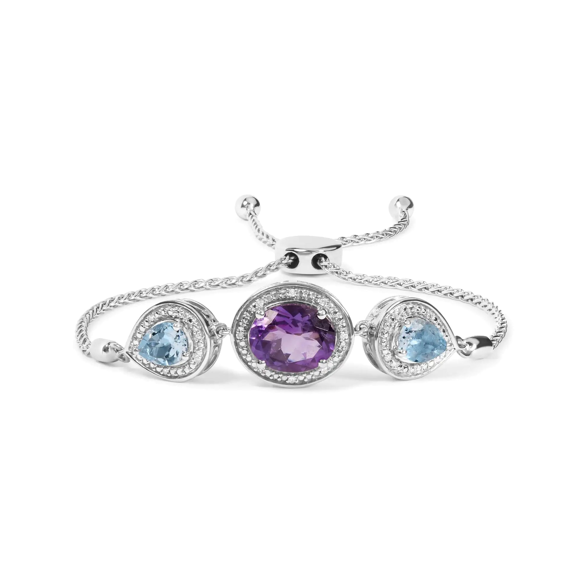 .925 Sterling Silver Oval Amethyst and Pear Blue Topaz with Diamond Accent Lariat 4”-10” Adjustable Bolo Bracelet (H-I Color, SI1-SI2 Clarity) - Elegant Emulations
