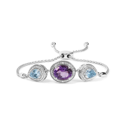 .925 Sterling Silver Oval Amethyst and Pear Blue Topaz with Diamond Accent Lariat 4”-10” Adjustable Bolo Bracelet (H-I Color, SI1-SI2 Clarity) - Elegant Emulations