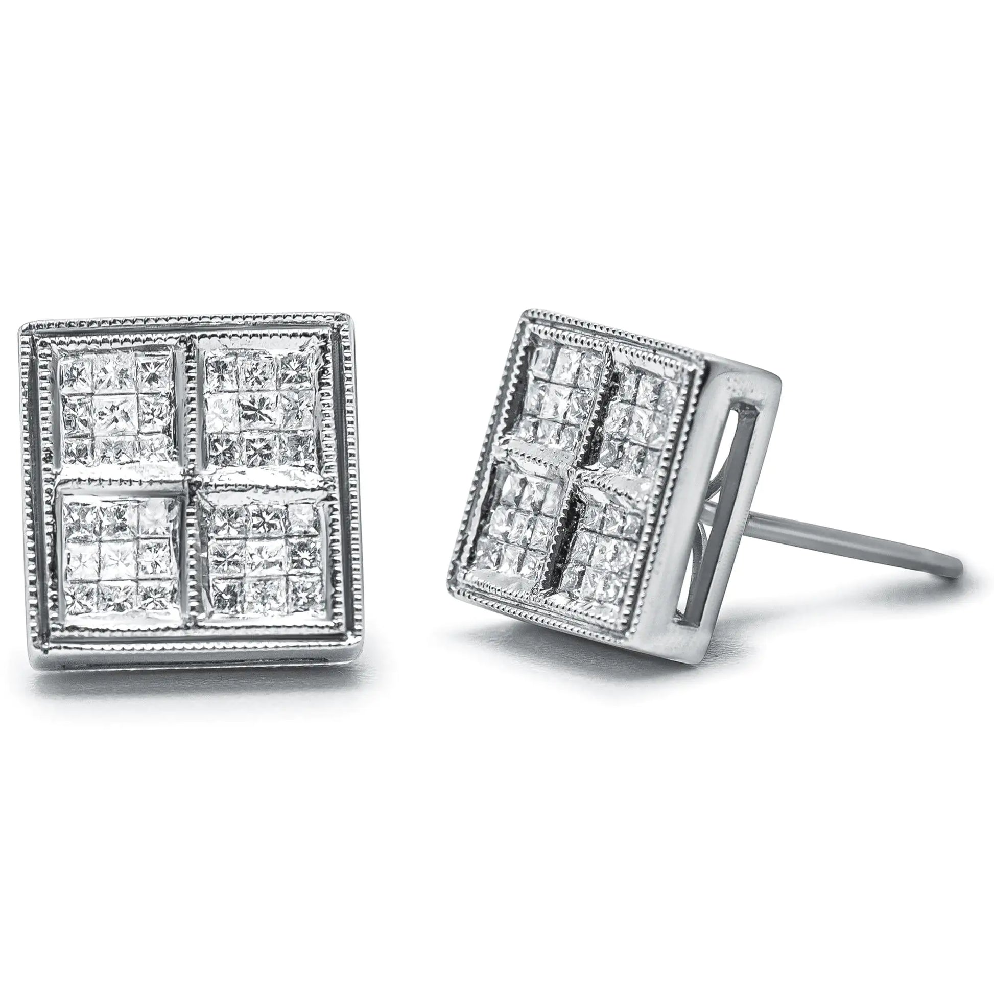 14K White Gold 1/2 Cttw Princess Diamond Composite Box Shape Milgrain Stud Earrings (H-I Color, SI1-SI2 Clarity) - Elegant Emulations