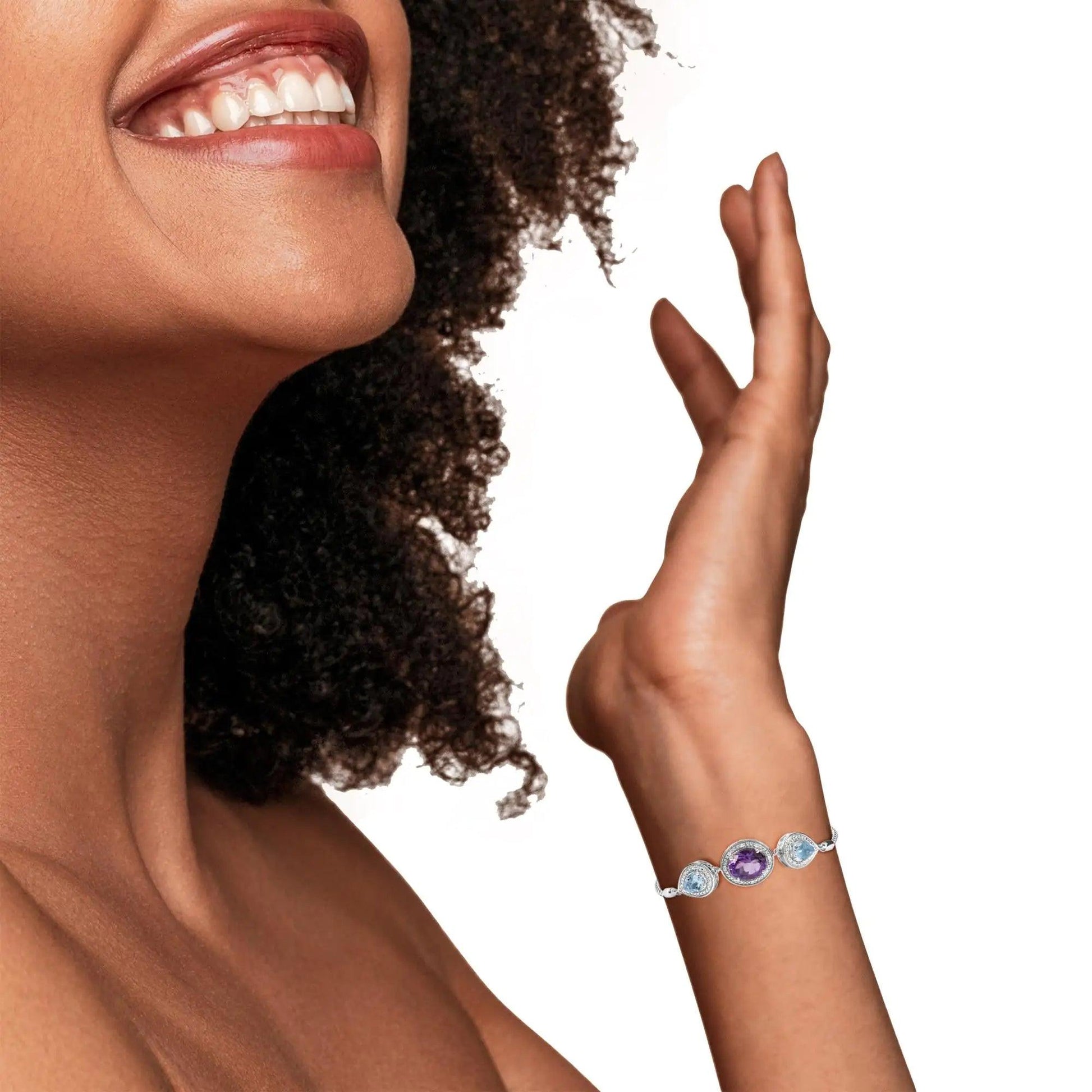 .925 Sterling Silver Oval Amethyst and Pear Blue Topaz with Diamond Accent Lariat 4”-10” Adjustable Bolo Bracelet (H-I Color, SI1-SI2 Clarity) - Elegant Emulations
