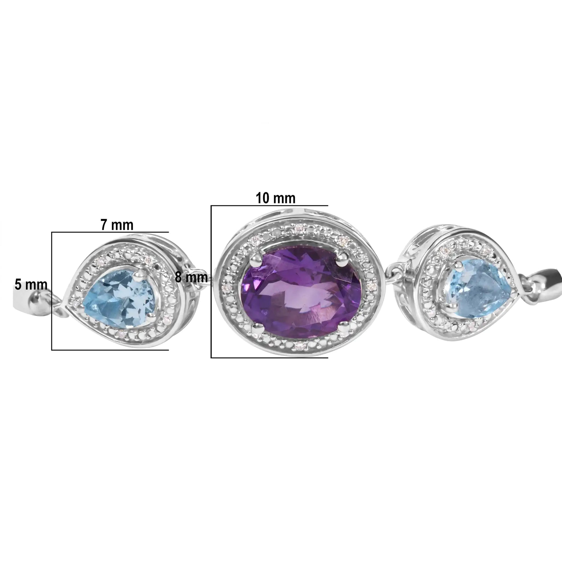 .925 Sterling Silver Oval Amethyst and Pear Blue Topaz with Diamond Accent Lariat 4”-10” Adjustable Bolo Bracelet (H-I Color, SI1-SI2 Clarity) - Elegant Emulations