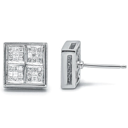 14K White Gold 1/2 Cttw Princess Diamond Composite Box Shape Milgrain Stud Earrings (H-I Color, SI1-SI2 Clarity) - Elegant Emulations