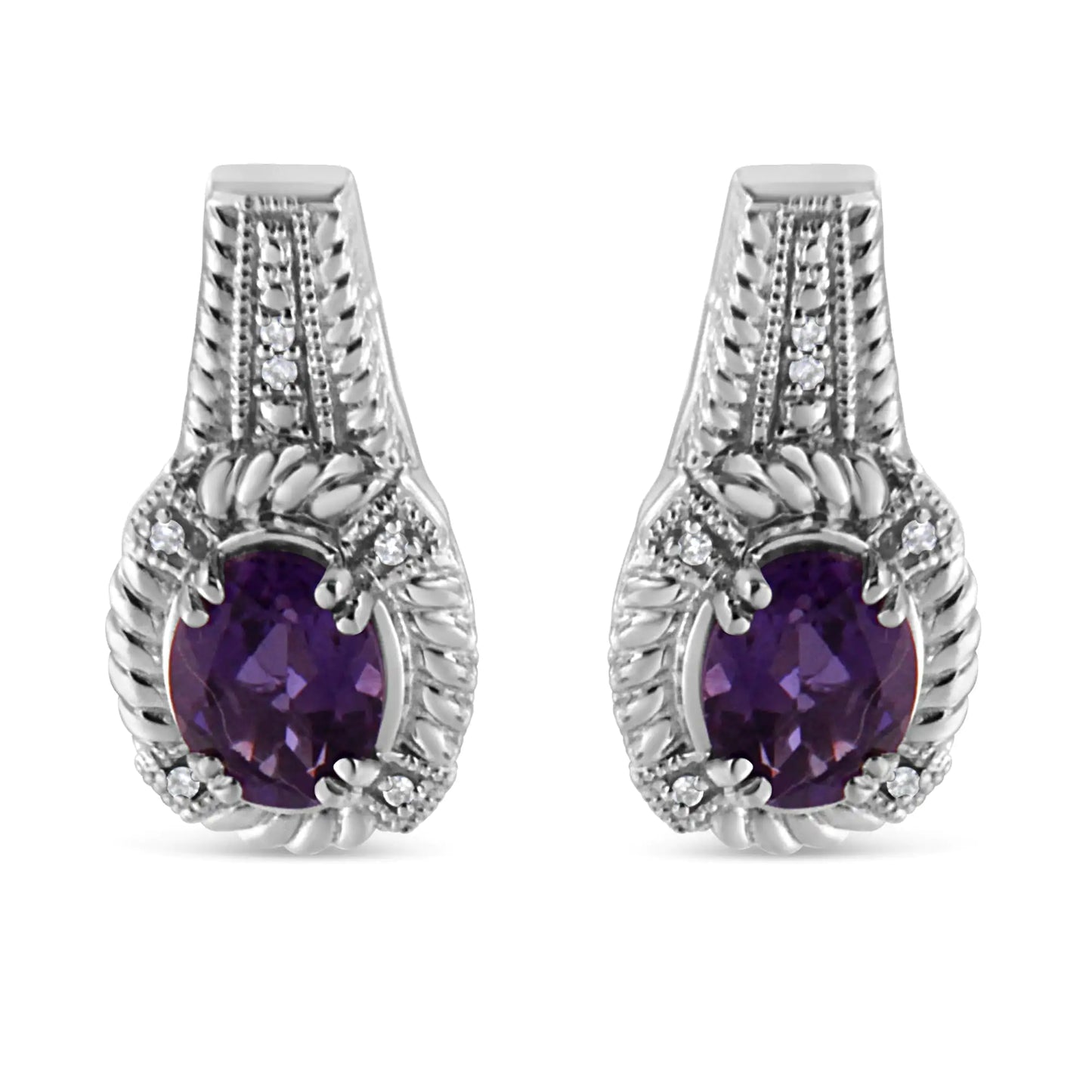 Sterling Silver Amethyst Oval Drop Earrings with Diamonds