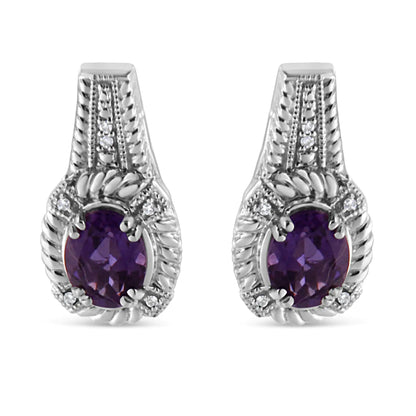 Sterling Silver Amethyst Oval Drop Earrings with Diamonds