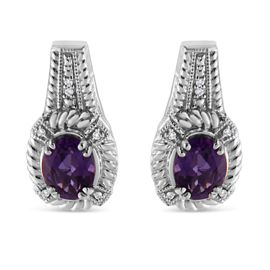 Sterling Silver Amethyst Oval Drop Earrings with Diamonds