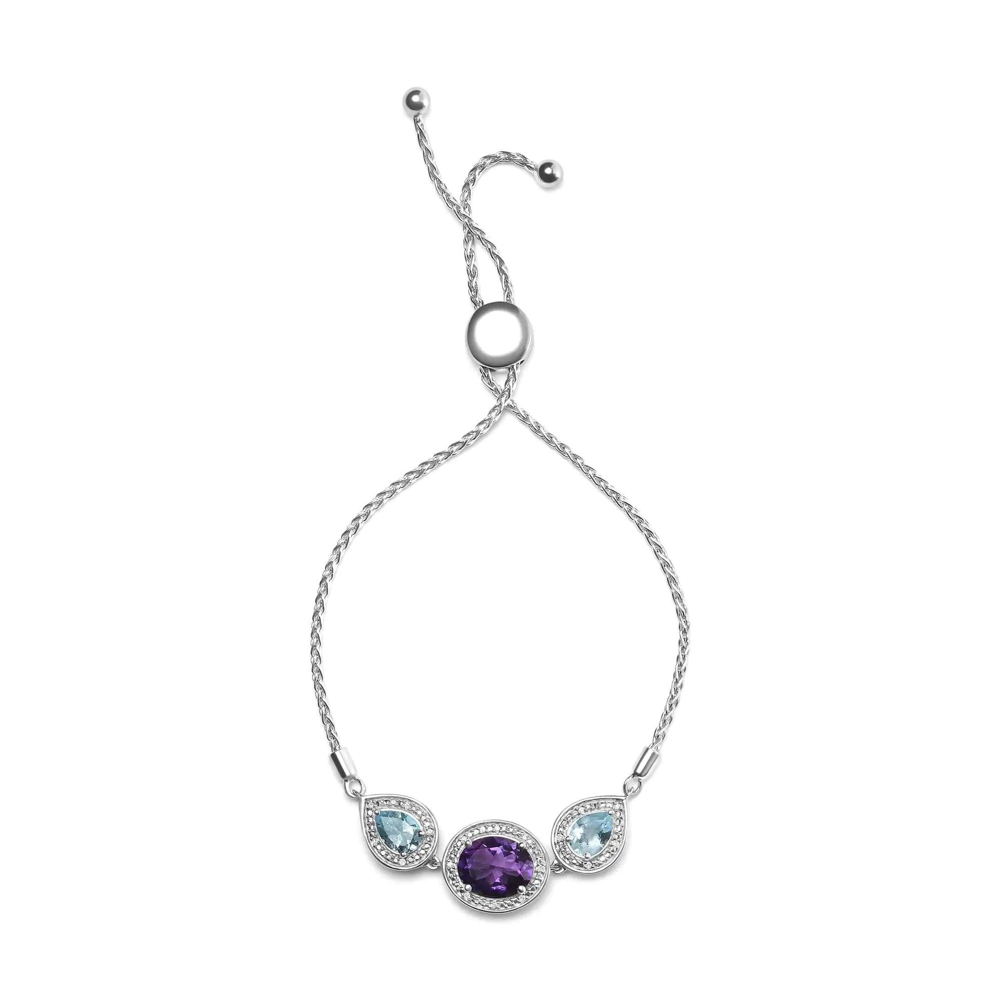 .925 Sterling Silver Oval Amethyst and Pear Blue Topaz with Diamond Accent Lariat 4”-10” Adjustable Bolo Bracelet (H-I Color, SI1-SI2 Clarity) - Elegant Emulations
