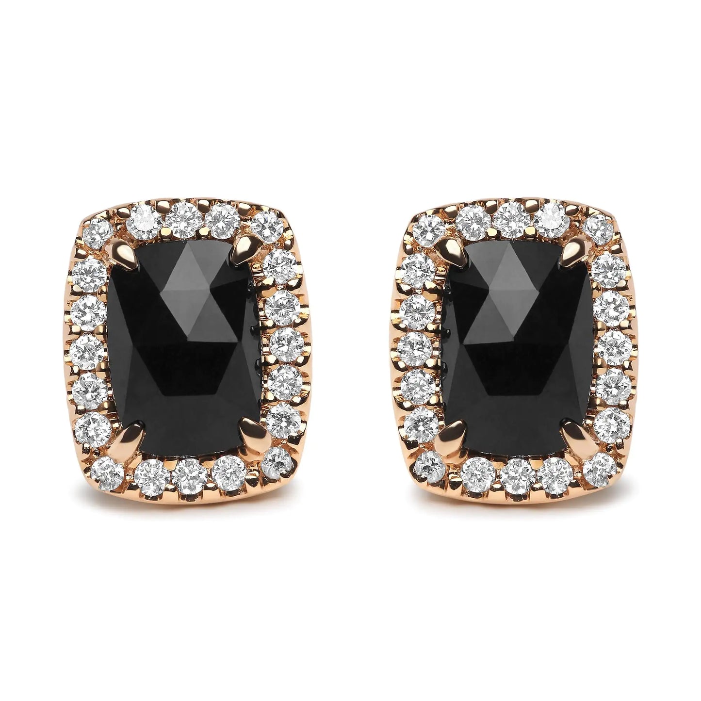 18K Rose and White Gold 1/4 Cttw Round Diamond and 8x6mm Cushion Cut Black Onyx Gemstone Halo Stud Earrings (G-H Color, SI1-SI2 Clarity) - Elegant Emulations