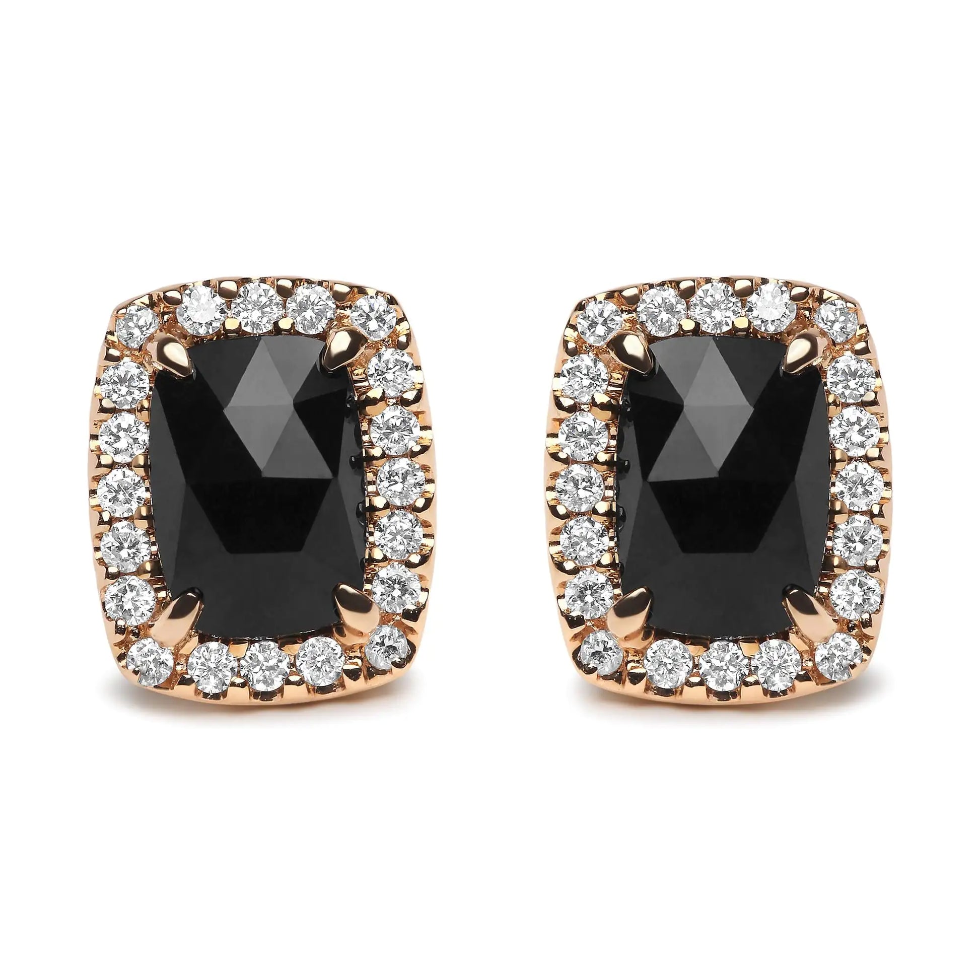 18K Rose and White Gold 1/4 Cttw Round Diamond and 8x6mm Cushion Cut Black Onyx Gemstone Halo Stud Earrings (G-H Color, SI1-SI2 Clarity) - Elegant Emulations