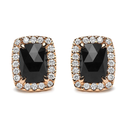 18K Rose and White Gold 1/4 Cttw Round Diamond and 8x6mm Cushion Cut Black Onyx Gemstone Halo Stud Earrings (G-H Color, SI1-SI2 Clarity) - Elegant Emulations