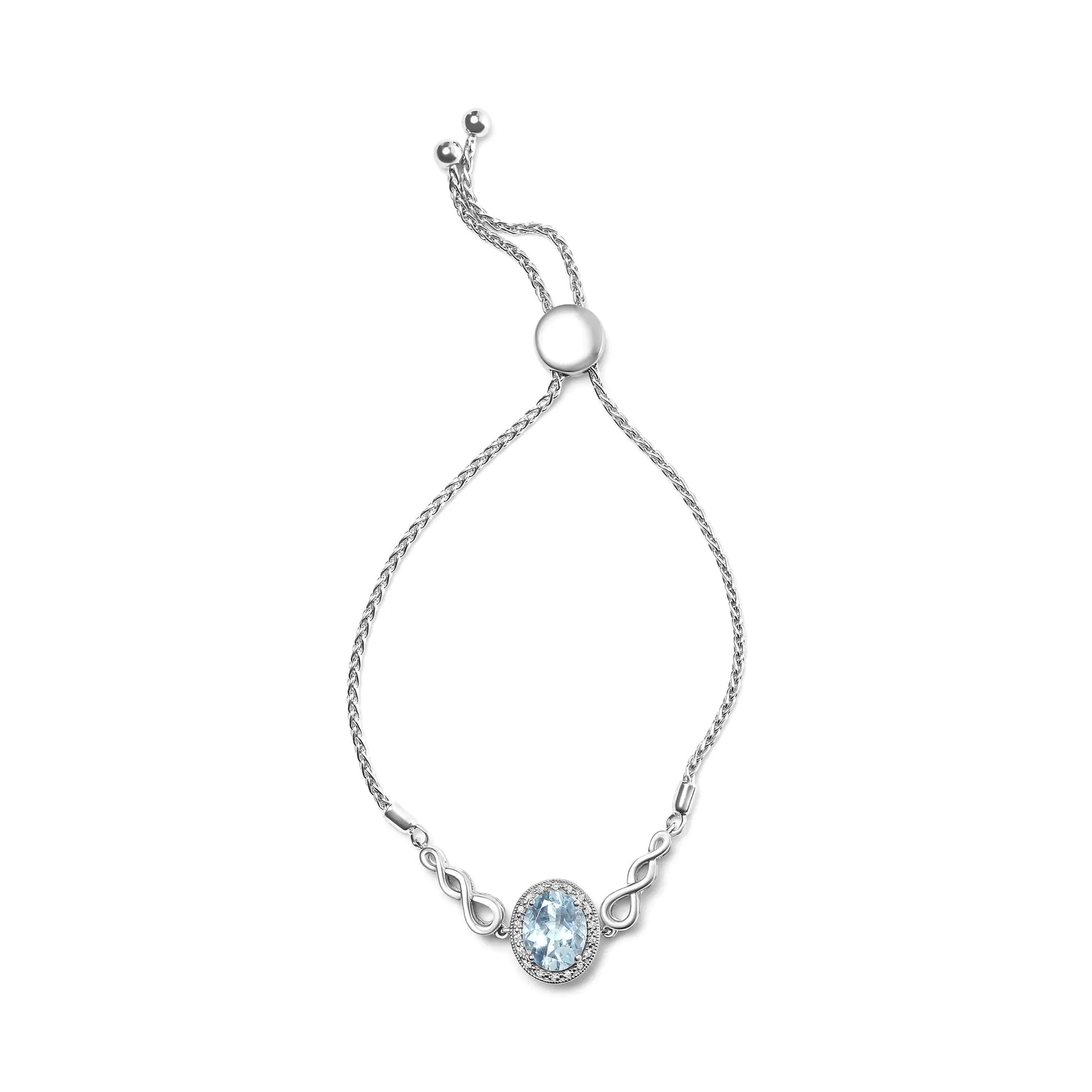 .925 Sterling Silver 10x8mm Oval Blue Topaz and Diamond Accent Lariat 4”-10” Adjustable Bolo Bracelet (H-I Color, SI1-SI2 Clarity) - Elegant Emulations