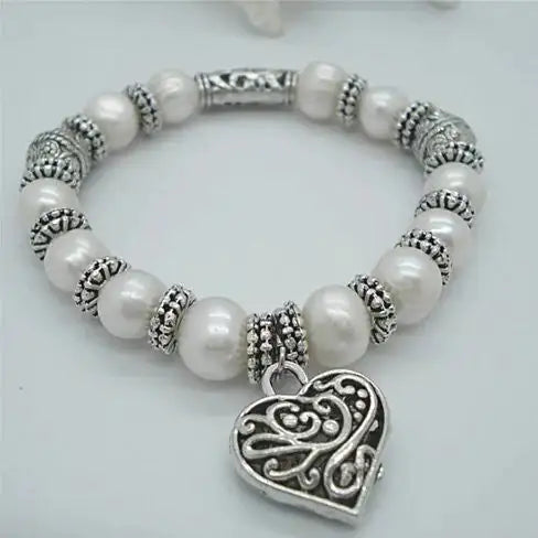 Charming Heart Pearl And Silver Bracelet - Elegant Emulations