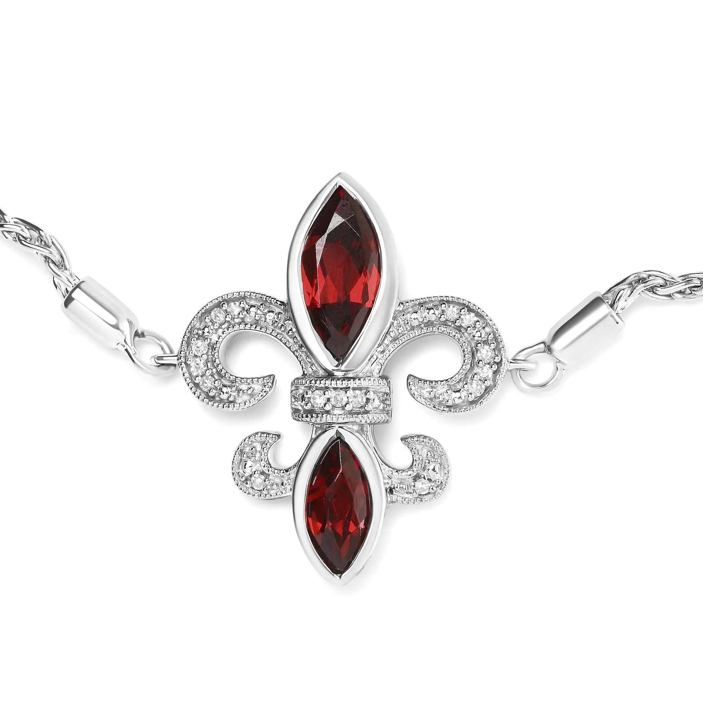 .925 Sterling Silver Marquise Garnet and Diamond Accent Lariat 4”-10” Fleur De Lis Adjustable Bolo Bracelet (H-I Color, SI1-SI2 Clarity) - Elegant Emulations