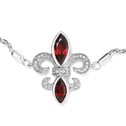 .925 Sterling Silver Marquise Garnet and Diamond Accent Lariat 4”-10” Fleur De Lis Adjustable Bolo Bracelet (H-I Color, SI1-SI2 Clarity) - Elegant Emulations