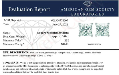 AGS Certified 14K Gold Princess - Cut Diamond Studs (H - I, SI2 - I1) | Earrings | Elegant Emulations Jewelry USA