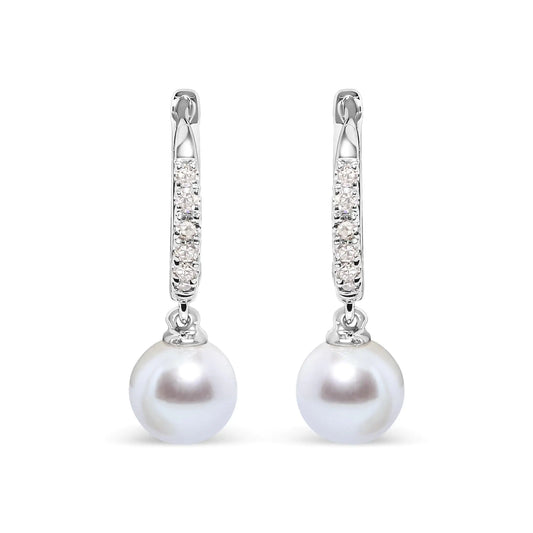 10K White Gold 6x6 MM Cultured Freshwater Pearl and Diamond Accent Drop Huggy Earring (H-I Color, I1-I2 Clarity) - Elegant Emulations