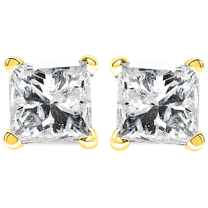 10K Yellow Gold 3/4 Cttw Princess-Cut Square Near Colorless Diamond Classic 4-Prong Solitaire Stud Earrings (J-K Color, I2-I3 Clarity) - Elegant Emulations