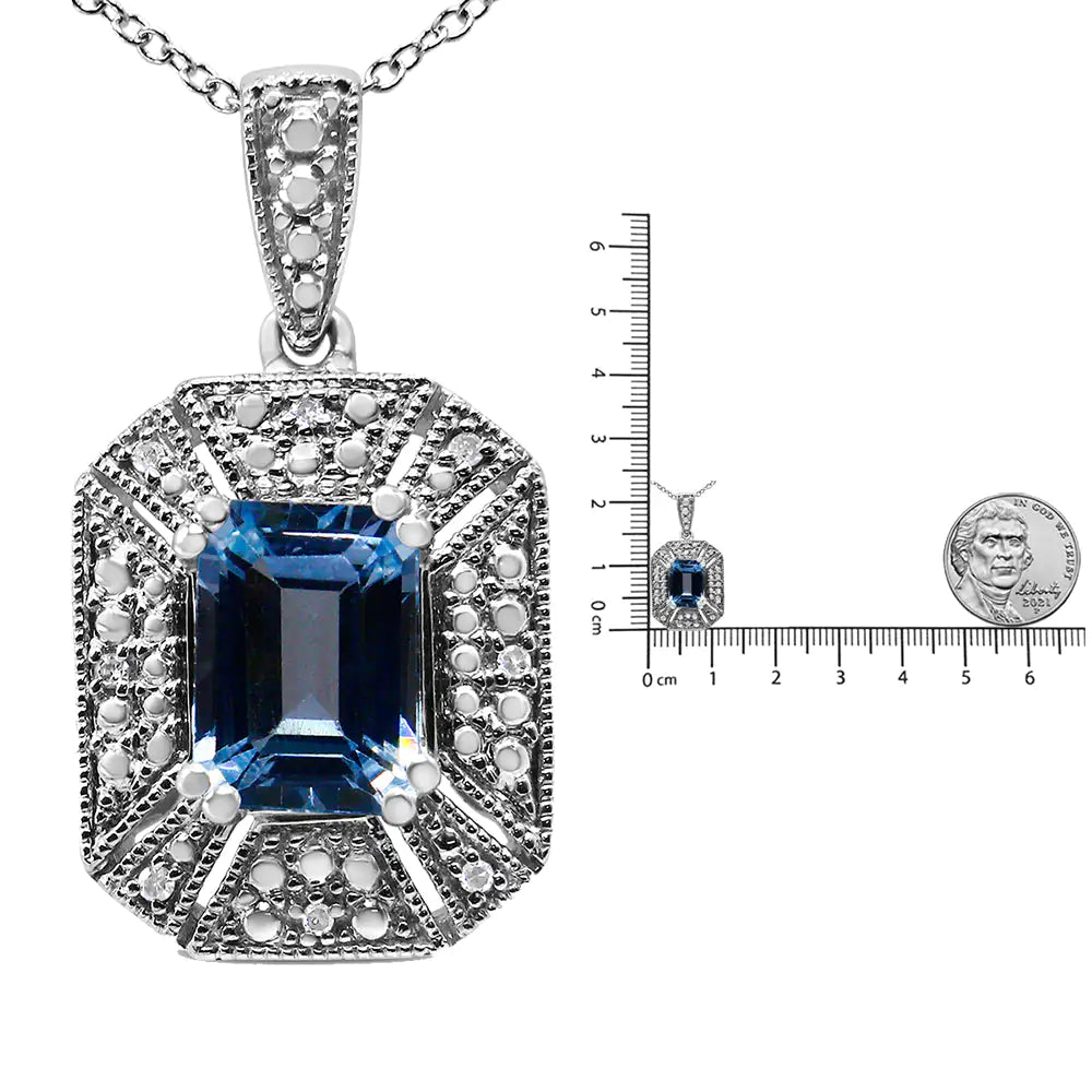 .925 Sterling Silver Blue Topaz and Diamond Accent Art Deco Style 18" Pendant Necklace (I-J Color, I1-I2 Clarity) - Elegant Emulations