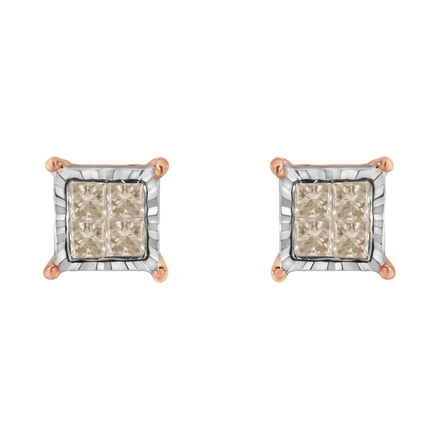 Duo - Tone 10K Diamond Princess Studs | Earrings | Elegant Emulations Jewelry USA
