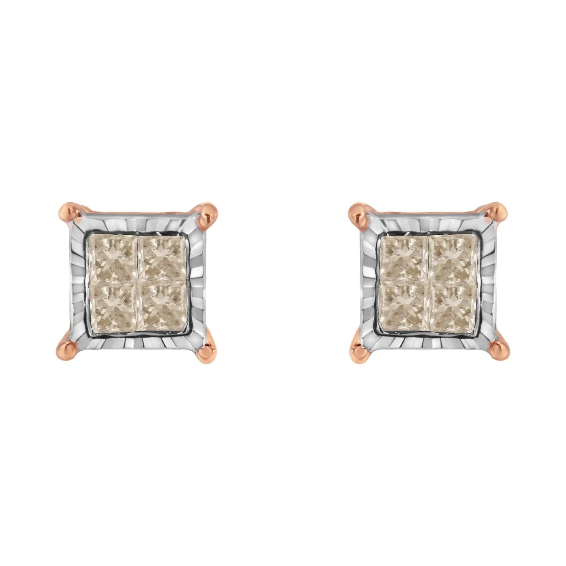 Duo - Tone 10K Diamond Princess Studs | Earrings | Elegant Emulations Jewelry USA