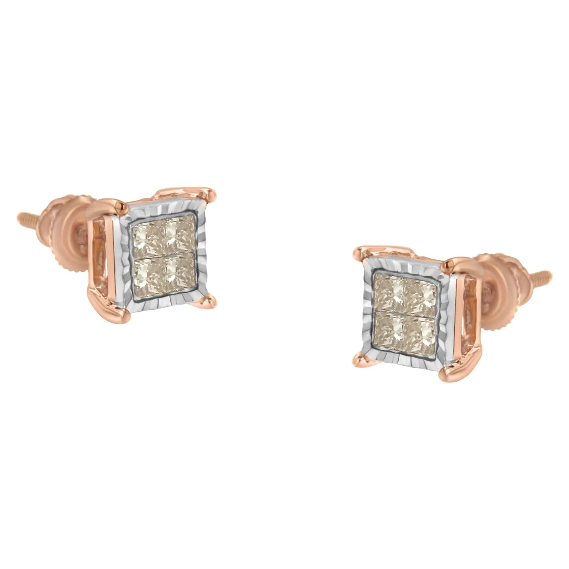 Duo - Tone 10K Diamond Princess Studs | Earrings | Elegant Emulations Jewelry USA