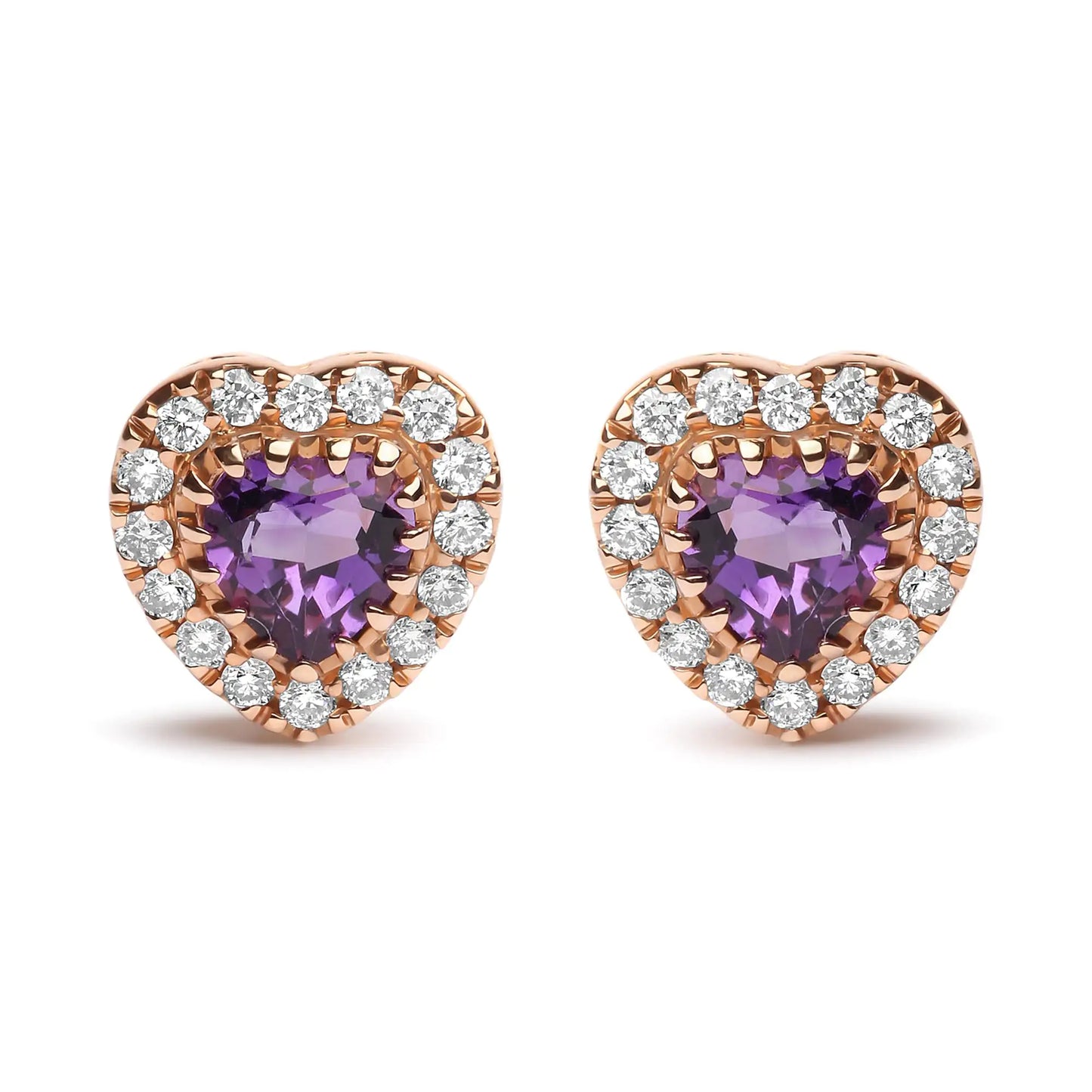 18K Dual-Tone Gold Amethyst Heart Halo Studs 1/6 Cttw Diamonds