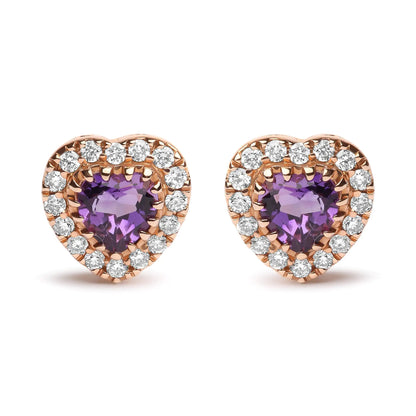 18K Dual-Tone Gold Amethyst Heart Halo Studs 1/6 Cttw Diamonds