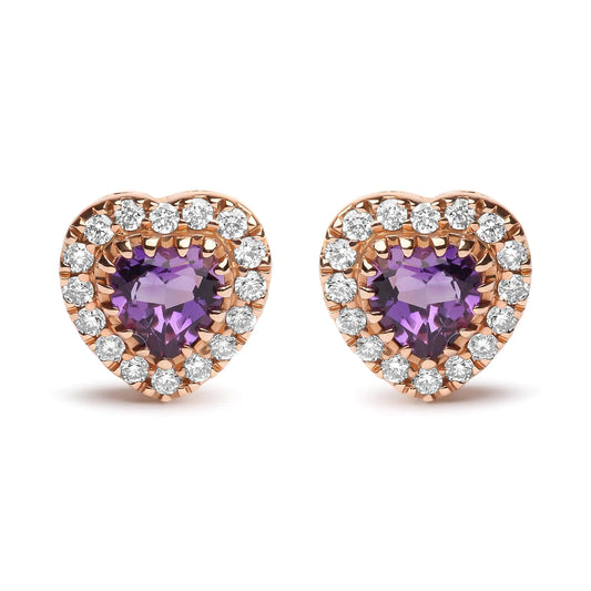 18K Dual-Tone Gold Amethyst Heart Halo Studs 1/6 Cttw Diamonds