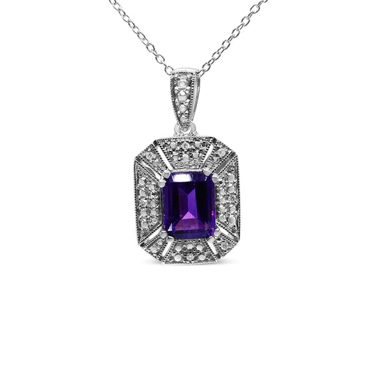 .925 Sterling Silver Purple Amethyst and Diamond Accent Art Deco Style 18" Pendant Necklace (I-J Color, I1-I2 Clarity) - Elegant Emulations