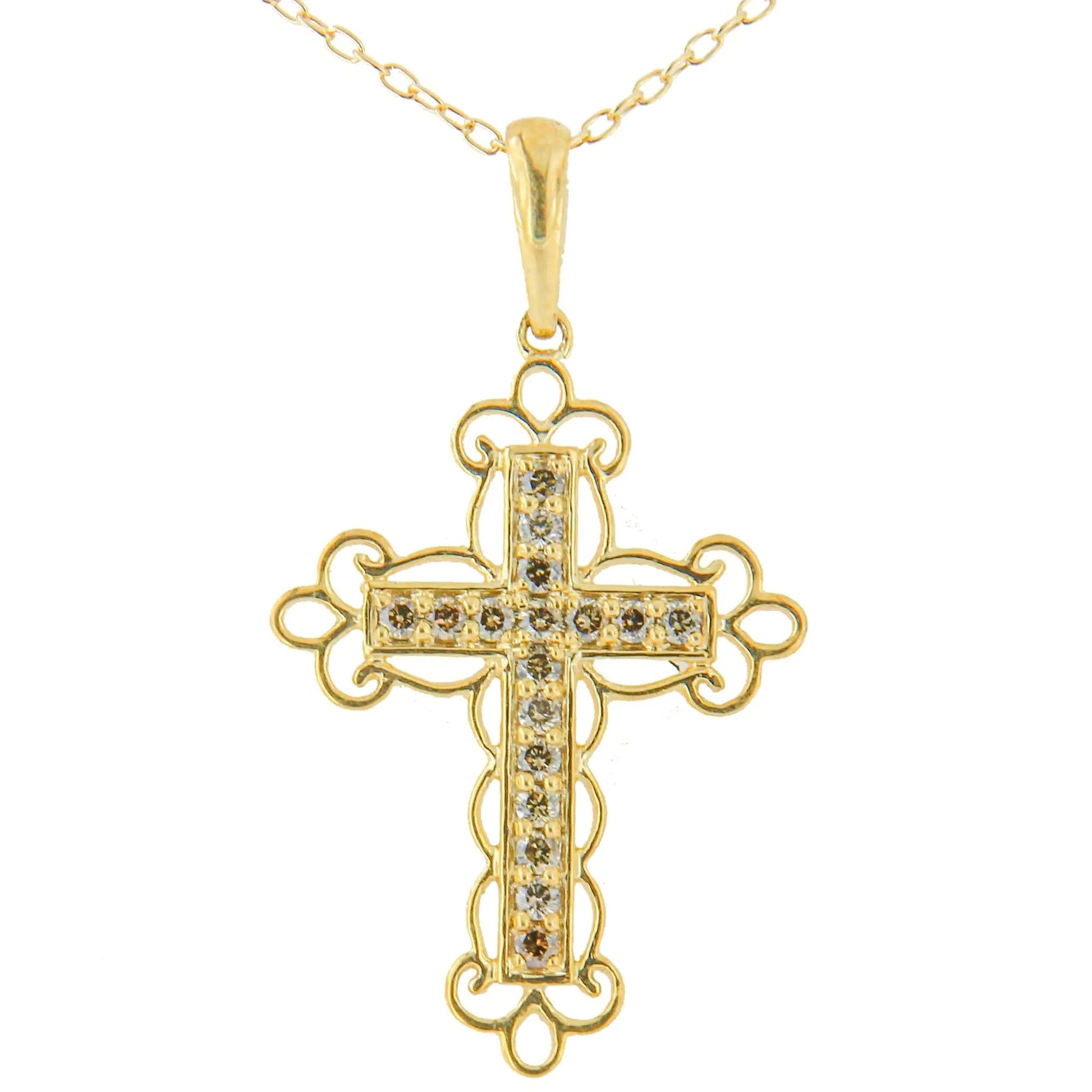 Elegant 10K Yellow Gold - Plated Filigree Cross Diamond Necklace | Necklace | Elegant Emulations Jewelry USA