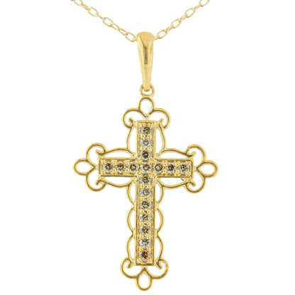 Elegant 10K Yellow Gold - Plated Filigree Cross Diamond Necklace | Necklace | Elegant Emulations Jewelry USA