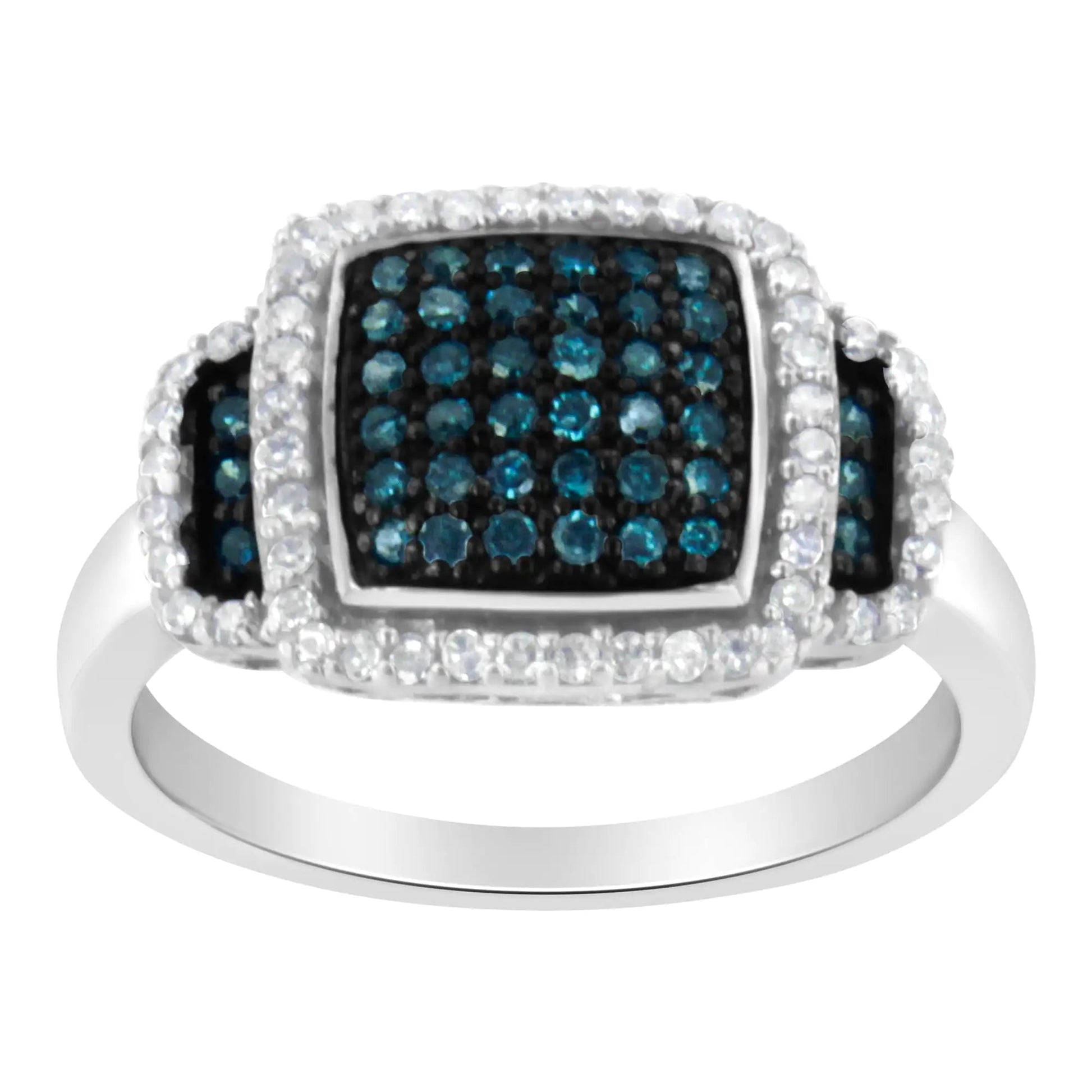 Elegant .925 Sterling Silver Blue & White Diamond Halo Ring | Rings | Elegant Emulations Jewelry USA