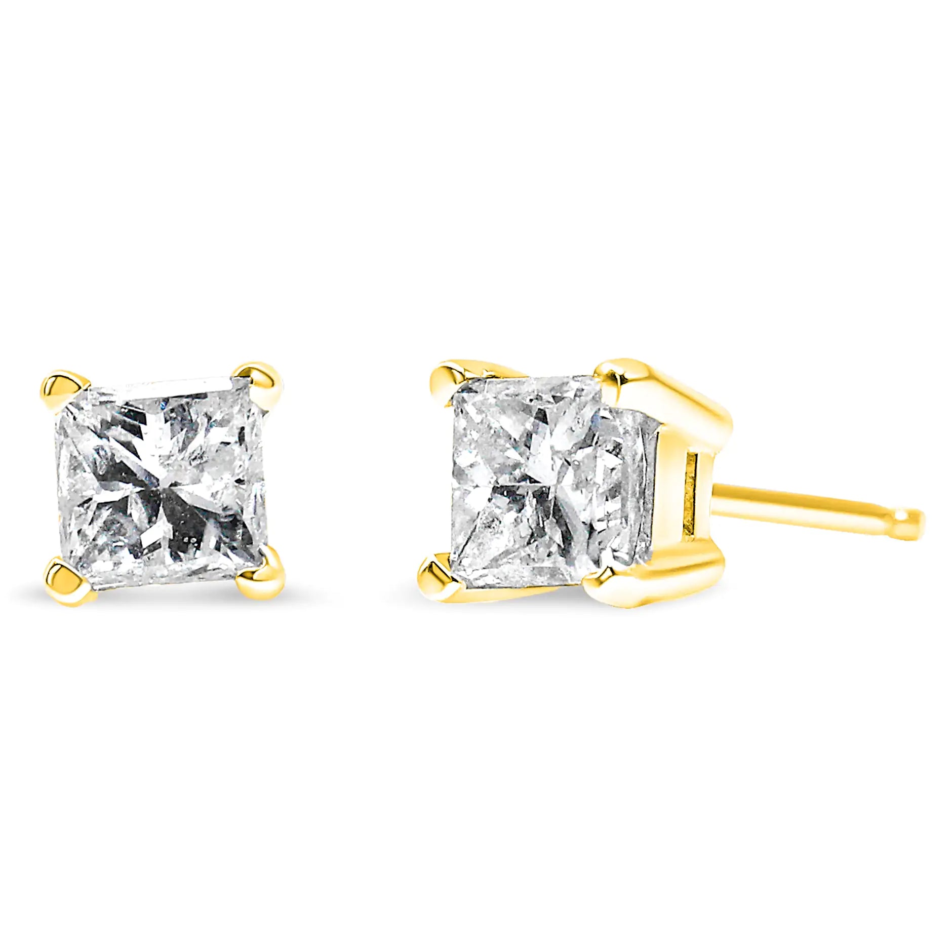 10K Yellow Gold 3/4 Cttw Princess-Cut Square Near Colorless Diamond Classic 4-Prong Solitaire Stud Earrings (J-K Color, I2-I3 Clarity) - Elegant Emulations