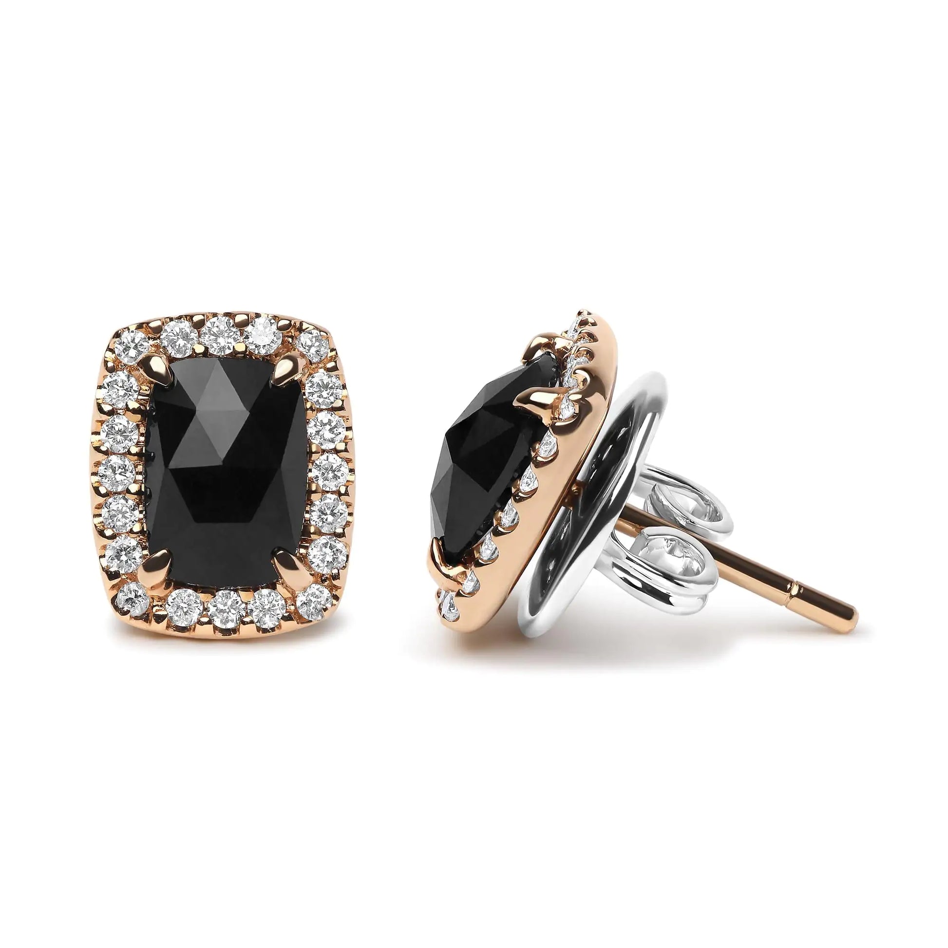 18K Rose and White Gold 1/4 Cttw Round Diamond and 8x6mm Cushion Cut Black Onyx Gemstone Halo Stud Earrings (G-H Color, SI1-SI2 Clarity) - Elegant Emulations