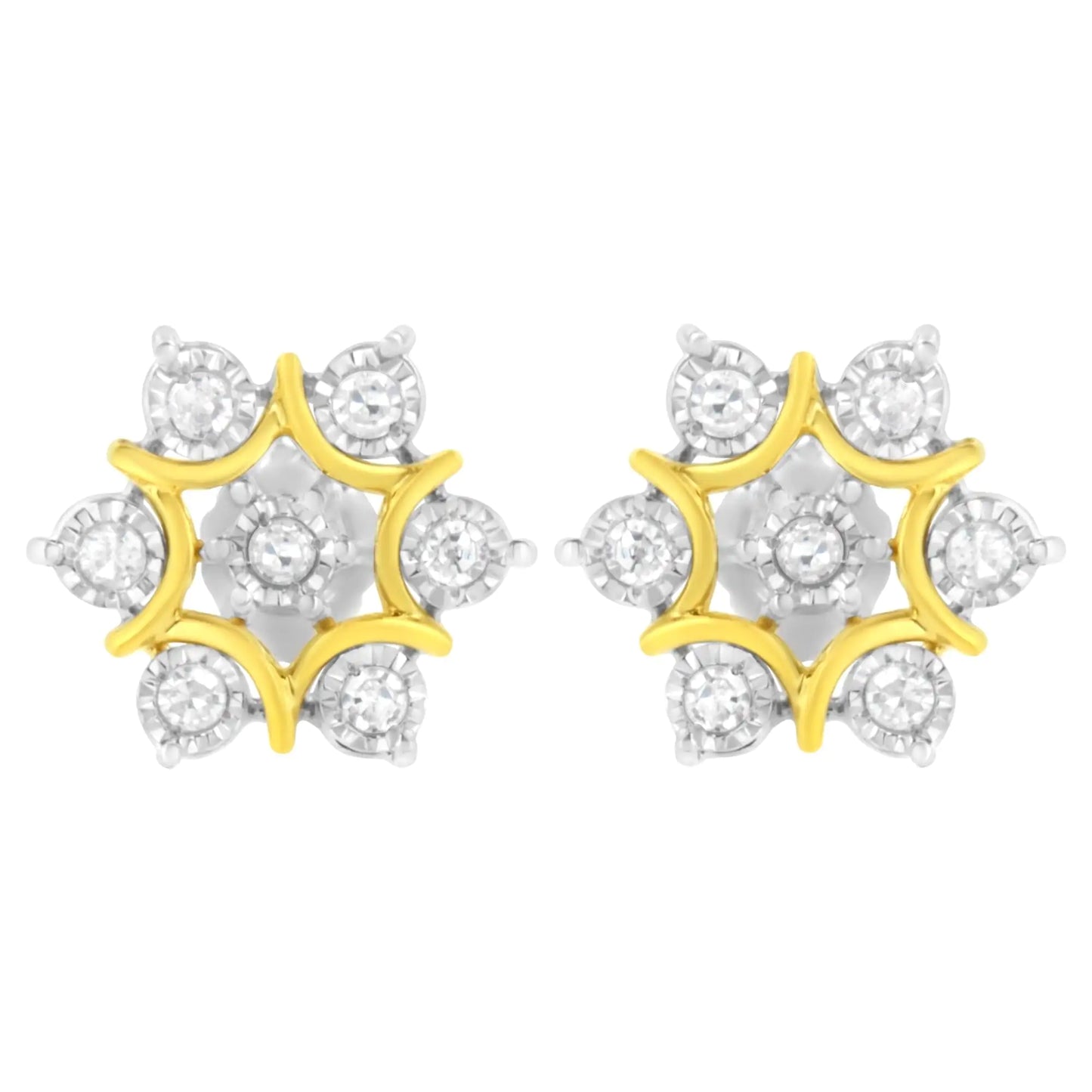 10K Yellow Gold Plated .925 Sterling Silver 1/4 Cttw Miracle Set Round-Cut Diamond Floral Earring (I-J Color, I2-I3 Clarity) - Elegant Emulations
