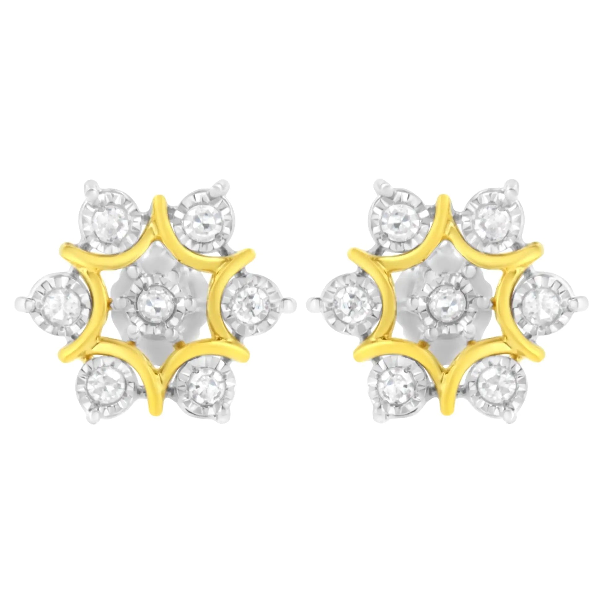 10K Yellow Gold Plated .925 Sterling Silver 1/4 Cttw Miracle Set Round-Cut Diamond Floral Earring (I-J Color, I2-I3 Clarity) - Elegant Emulations