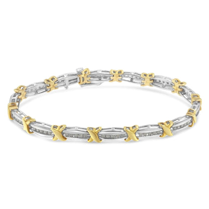 Two-Tone 10K Yellow Gold over .925 Sterling Silver 1.0 Cttw Diamond Channel Set Tapered & X-Link 7" Tennis Bracelet (H-I Color, I2-I3 Clarity) - Elegant Emulations