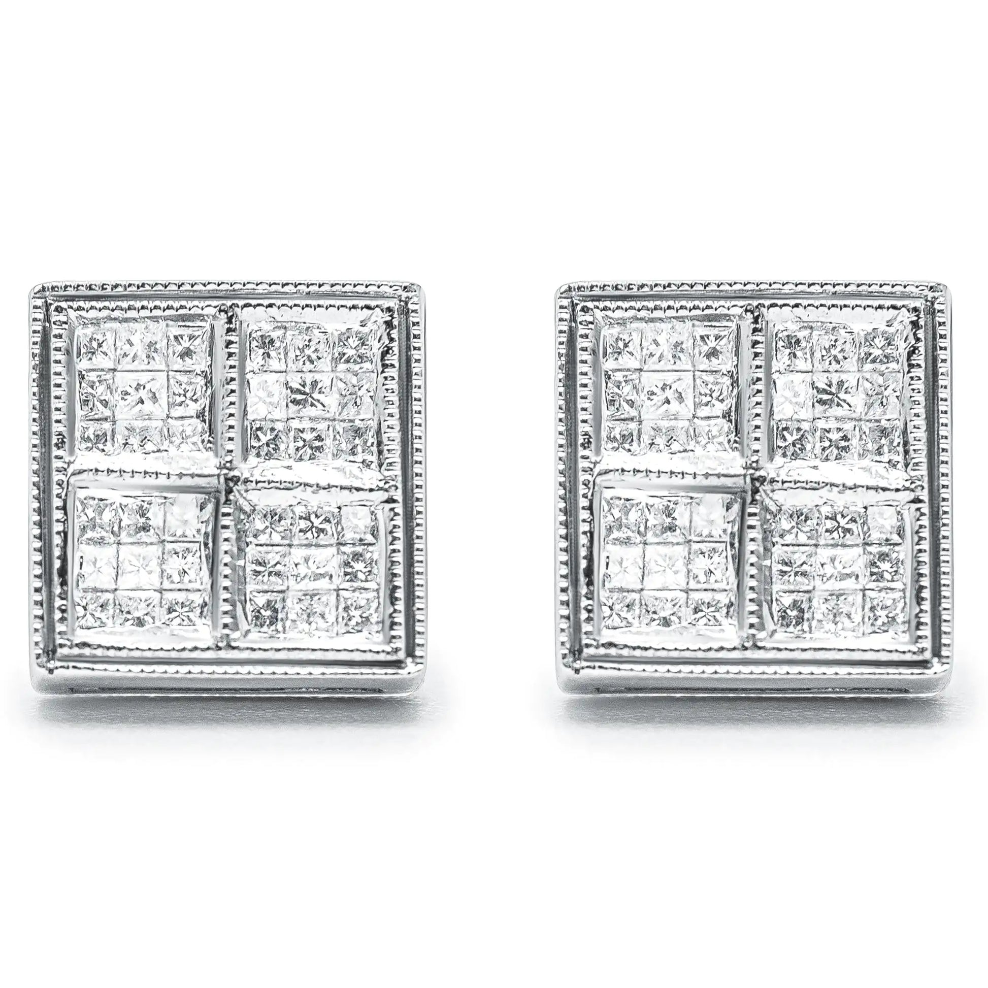 14K White Gold 1/2 Cttw Princess Diamond Composite Box Shape Milgrain Stud Earrings (H-I Color, SI1-SI2 Clarity) - Elegant Emulations
