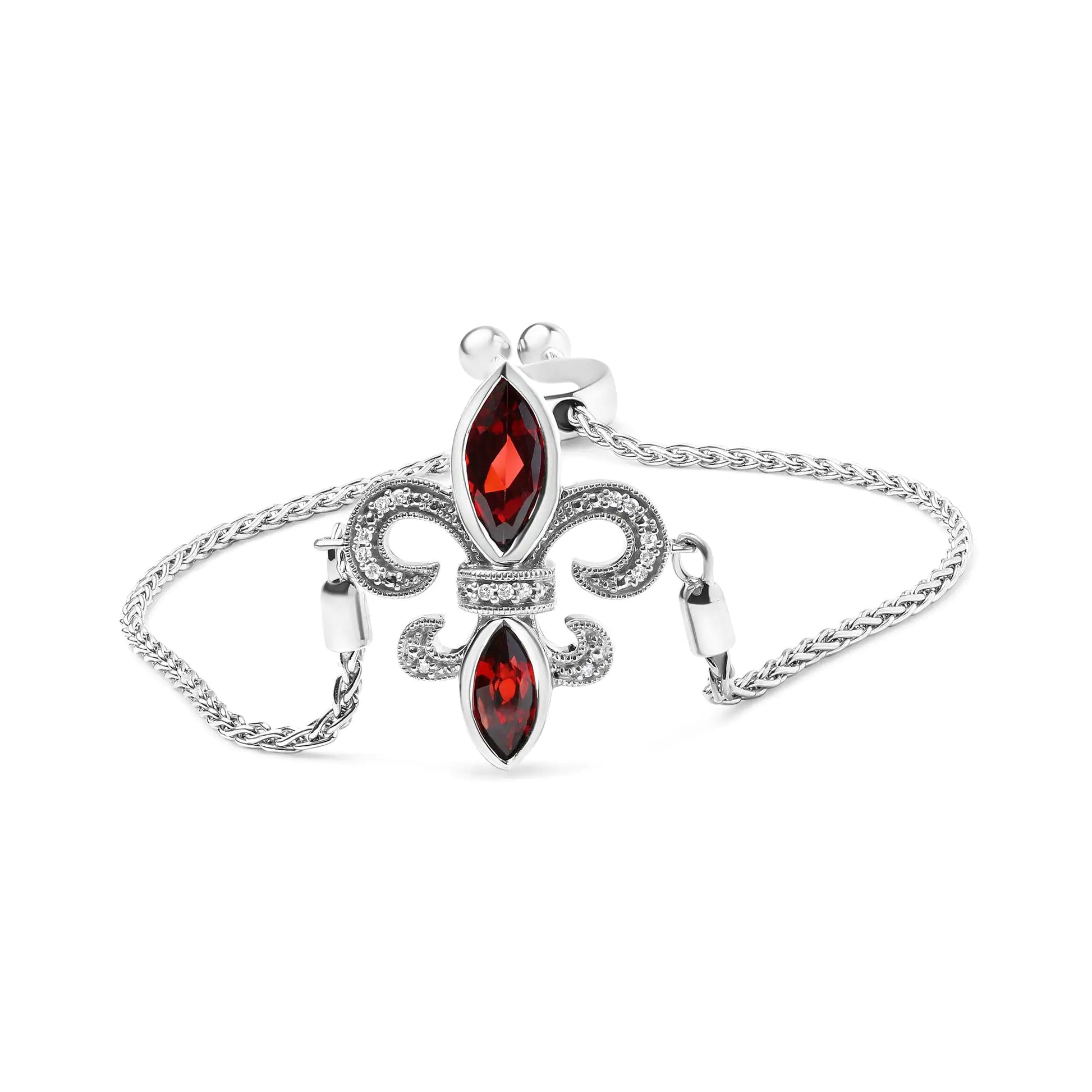.925 Sterling Silver Marquise Garnet and Diamond Accent Lariat 4”-10” Fleur De Lis Adjustable Bolo Bracelet (H-I Color, SI1-SI2 Clarity) - Elegant Emulations