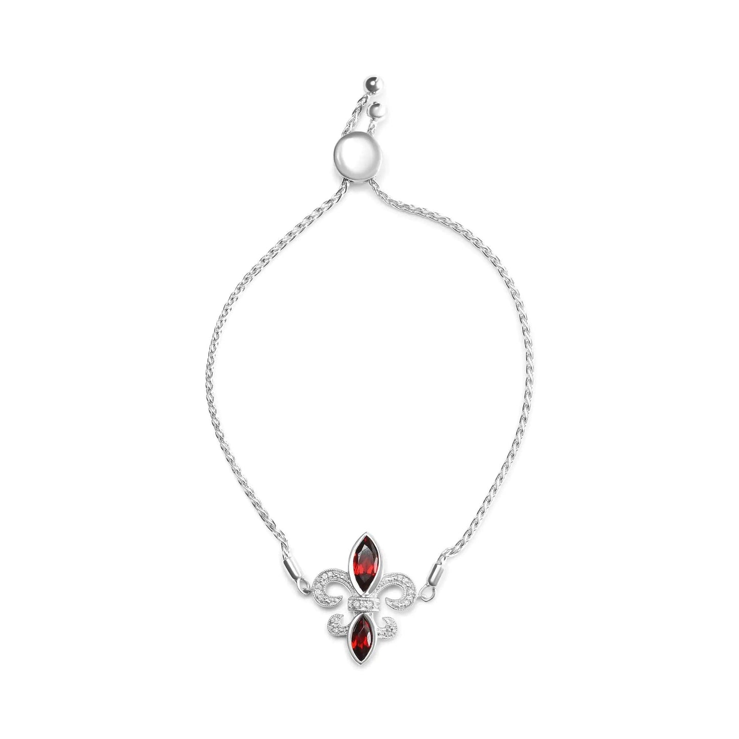 .925 Sterling Silver Marquise Garnet and Diamond Accent Lariat 4”-10” Fleur De Lis Adjustable Bolo Bracelet (H-I Color, SI1-SI2 Clarity) - Elegant Emulations