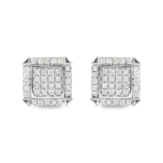 10K White Gold Princess Diamond Halo Studs 1.1cttw