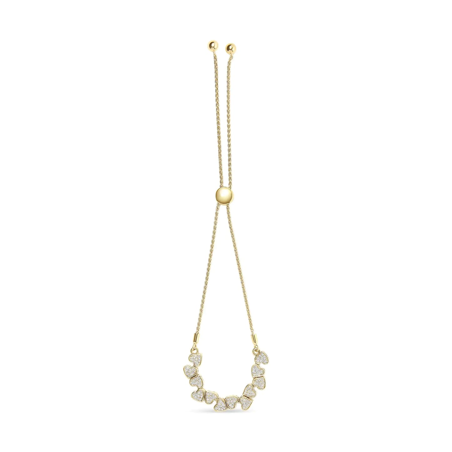 Yellow Gold Plated .925 Sterling Silver 1/2 Cttw Diamond Sideways Hearts Bolo Bracelet (H-I Color, I1-I2 Clarity) - 4”-10” Adjustable - Elegant Emulations