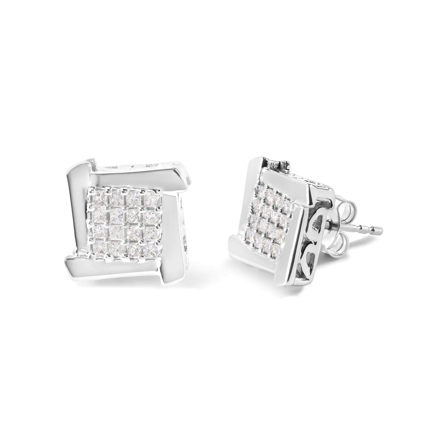 10K White Gold Swirl Princess Diamond Studs - 1/2 Cttw