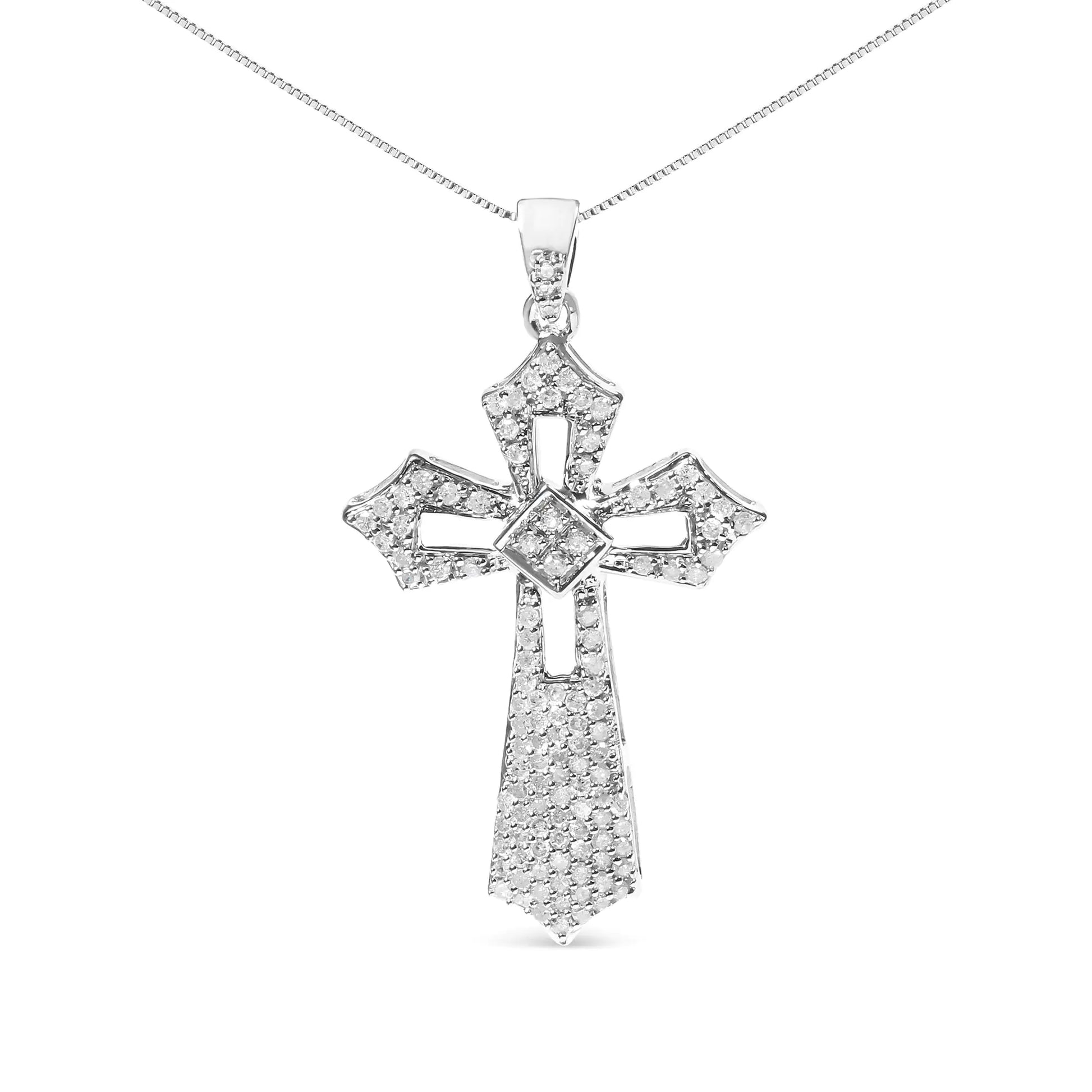 .925 Sterling Silver 1.00 Cttw Diamond Fleur De Lis Cross 18" Pendant Necklace (H-I Color, I2-I3 Clarity) - Elegant Emulations
