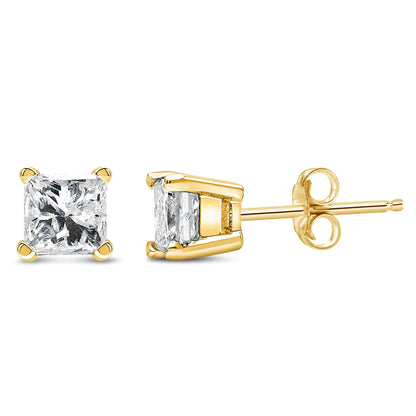 AGS Certified Princess-Cut Square Diamond 4-Prong Solitaire Stud Earrings in 14K Gold (N-O Color, SI2-I1 Clarity) - Elegant Emulations