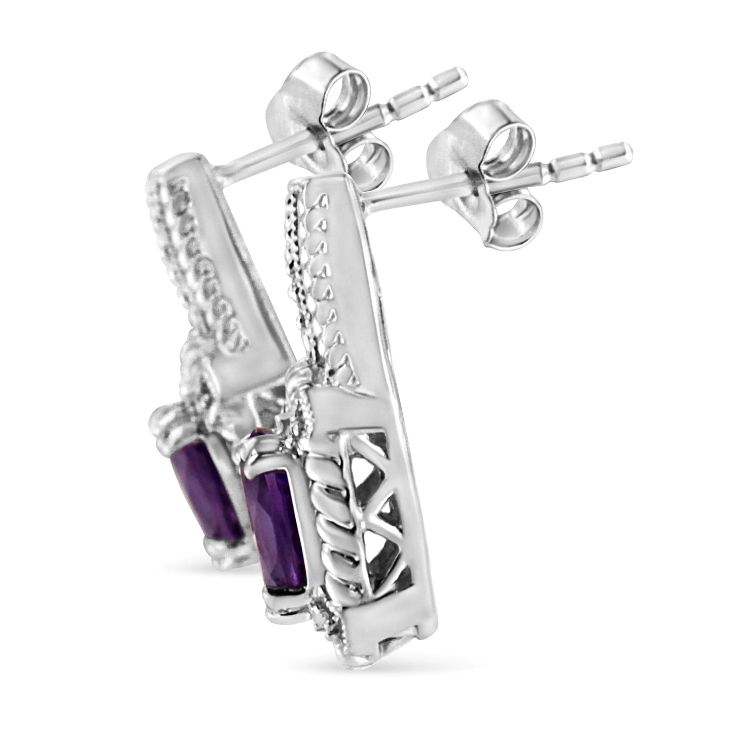 Sterling Silver Amethyst Oval Drop Earrings with Diamonds
